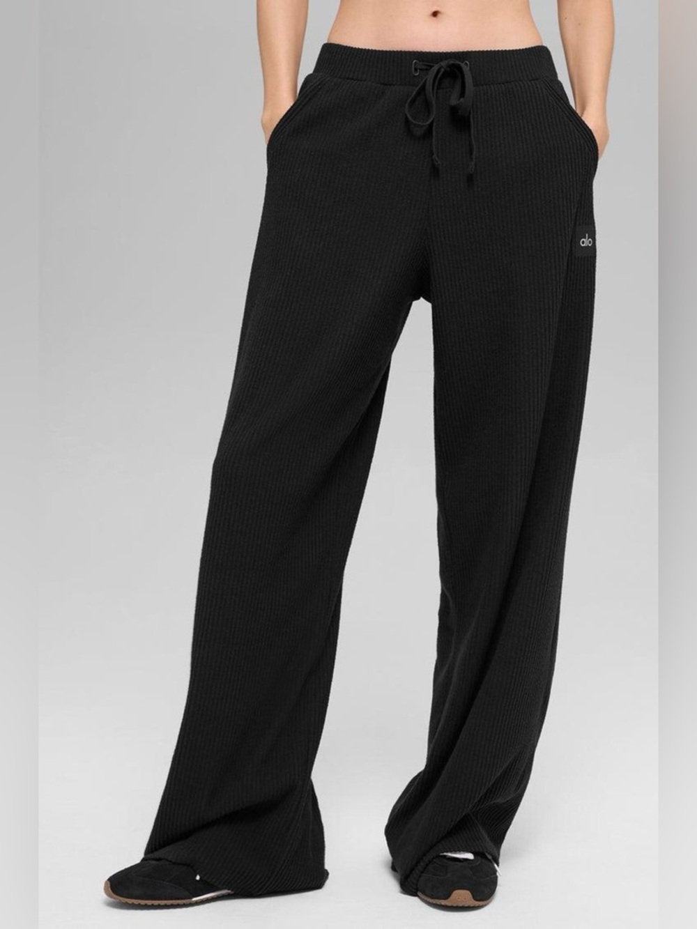 Alo Ribbed Wide-Leg Lounge Pants Black Muse Sweatpants Medium